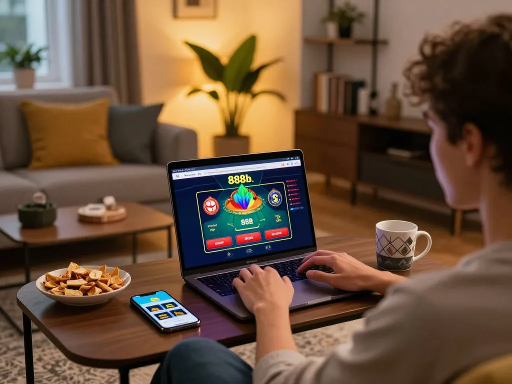 Engaged user exploring 888b online casino on laptop in cozy home setting, showcasing responsible gaming.