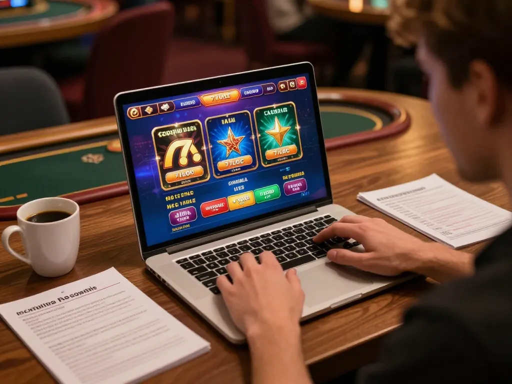 Player enjoying games at 77LOC online casino on a laptop with strategy notes.