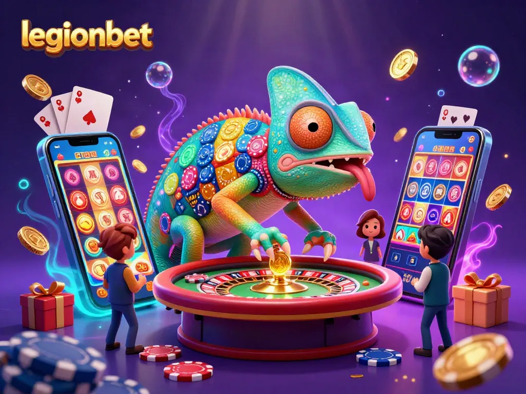 Experience thrilling gameplay at legionbet with a vibrant chameleon casino owner amidst golden coins and exciting games.