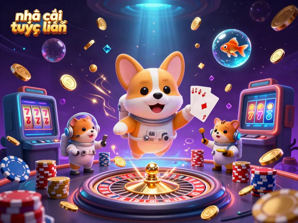 Experience the excitement of nhà cái trực tuyến with a dynamic space casino scene featuring vibrant cartoon characters and casino elements.