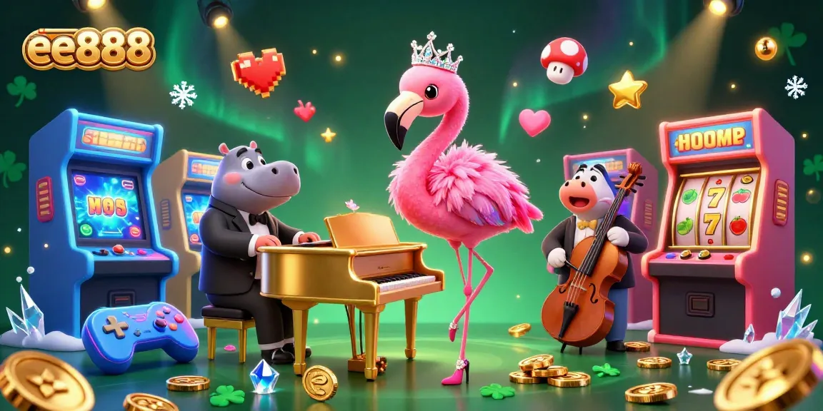 Experience the delightful ambiance at ee888 casino with a vibrant 3D scene of a flamingo singer and hippo bassist.