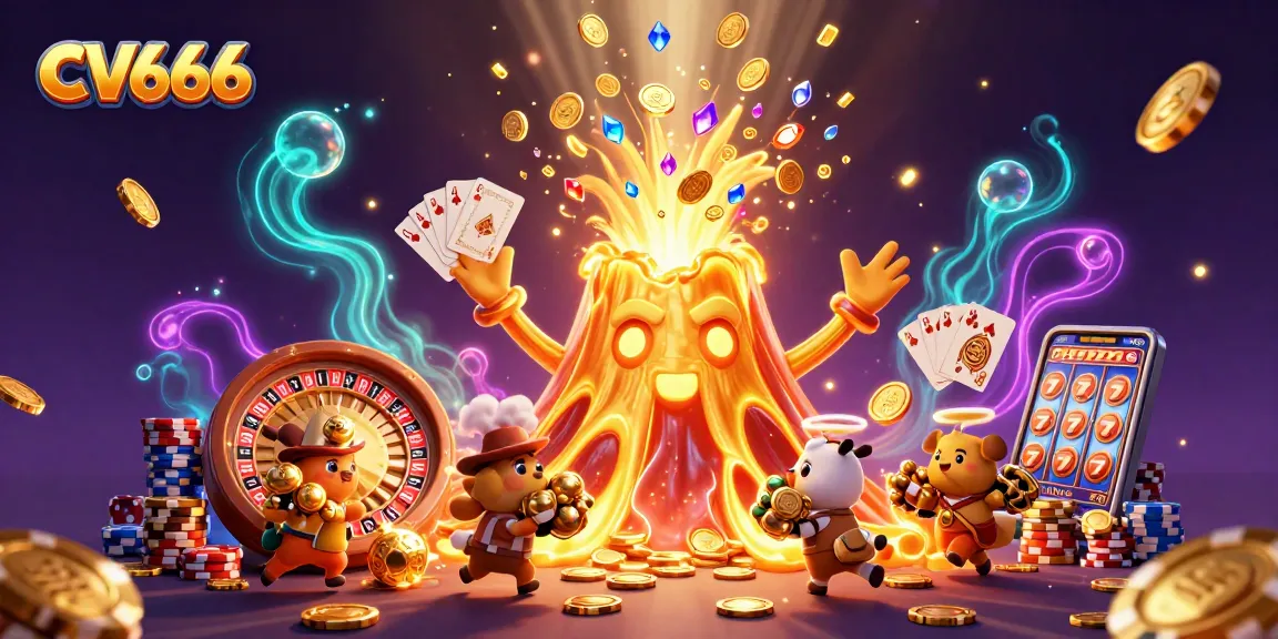 CV666 showcases a triumphant volcano erupting coins and gems, symbolizing casino excitement.