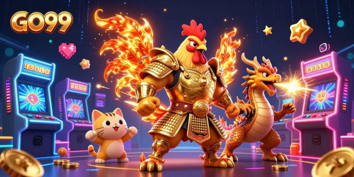 Experience thrilling gaming adventures at GO99 with vibrant 3D characters and casino elements.