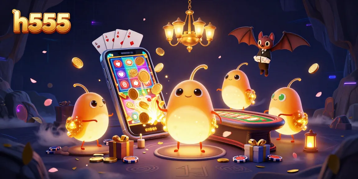 h555 shines in a lively 3D casino scene with glowworms and vibrant game elements.