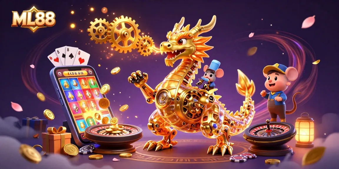 Experience the thrilling gaming world at ML88 with vibrant slot games, golden treasures, and action-packed scenes.