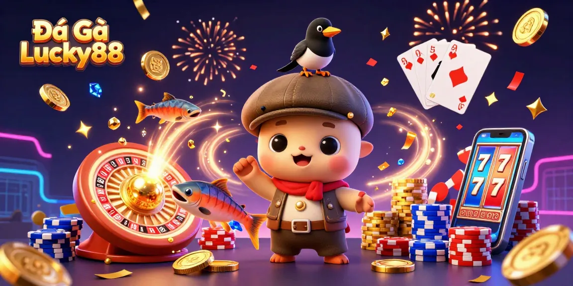 Engage in Đá Gà Lucky88 with fun characters amid golden coins and dynamic casino elements.