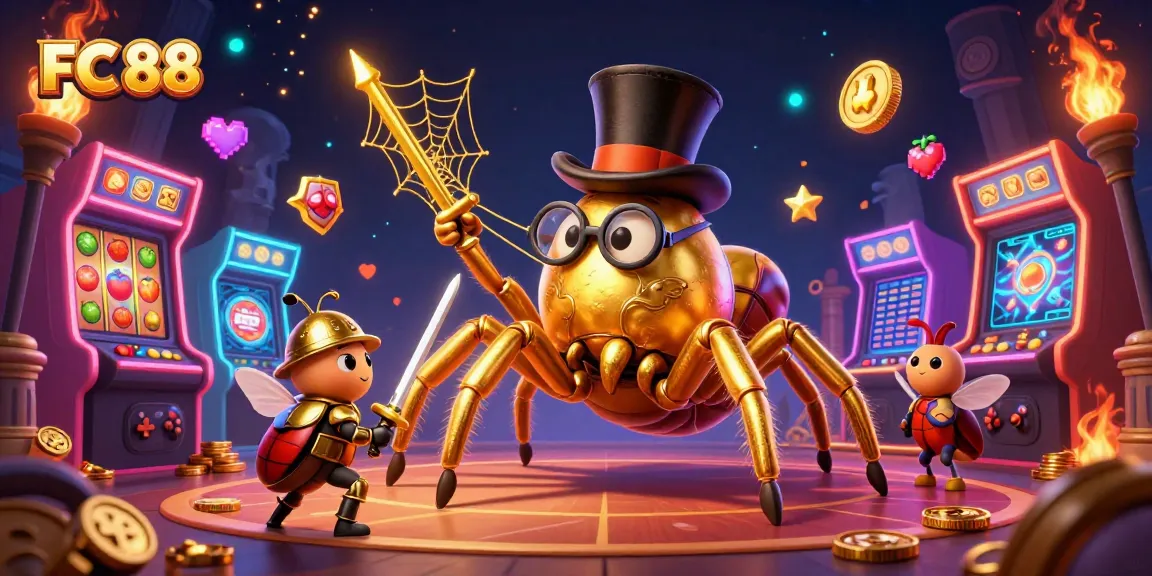 Engage with FC 88 by spinning reels surrounded by enchanting golden characters and vibrant casino elements.