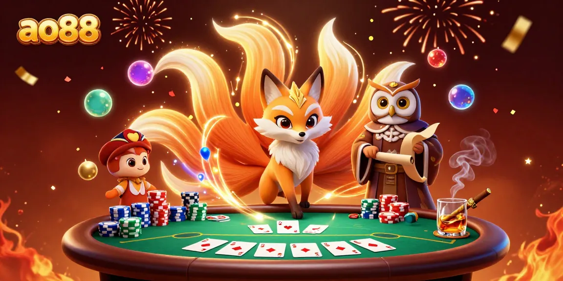 Experience the vibrant gaming world of ao88 with a colorful fox spirit and poker elements.