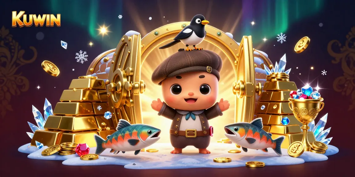 Engage in thrilling gameplay with KUWIN as cartoon characters celebrate winning treasures in a vibrant casino.
