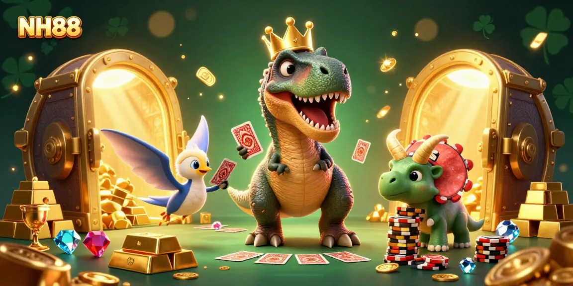 Experience thrilling gaming with NH88 as friendly dinosaurs shuffle cards and stack chips amidst dazzling treasures.