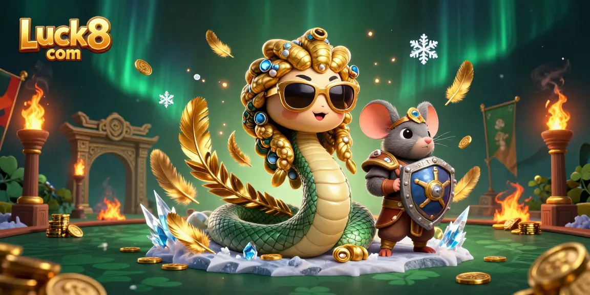 Engage with Luck8 com in this vibrant casino-themed illustration featuring Medusa and a warrior mouse.
