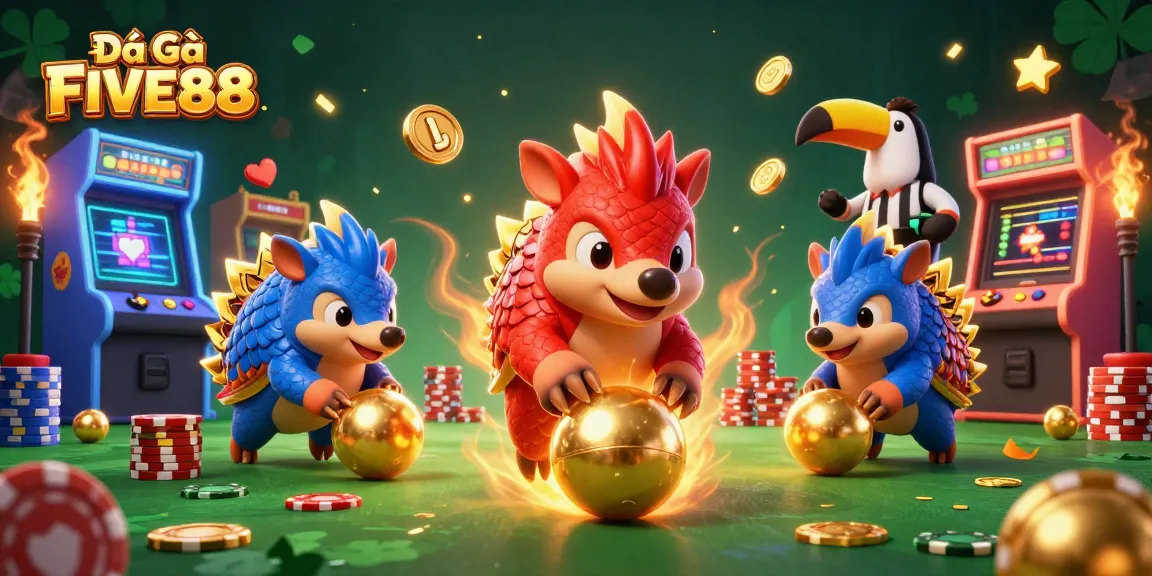 Engage in thrilling Đá Gà FIVE88 as rival pangolins compete for glory amidst vibrant casino elements.