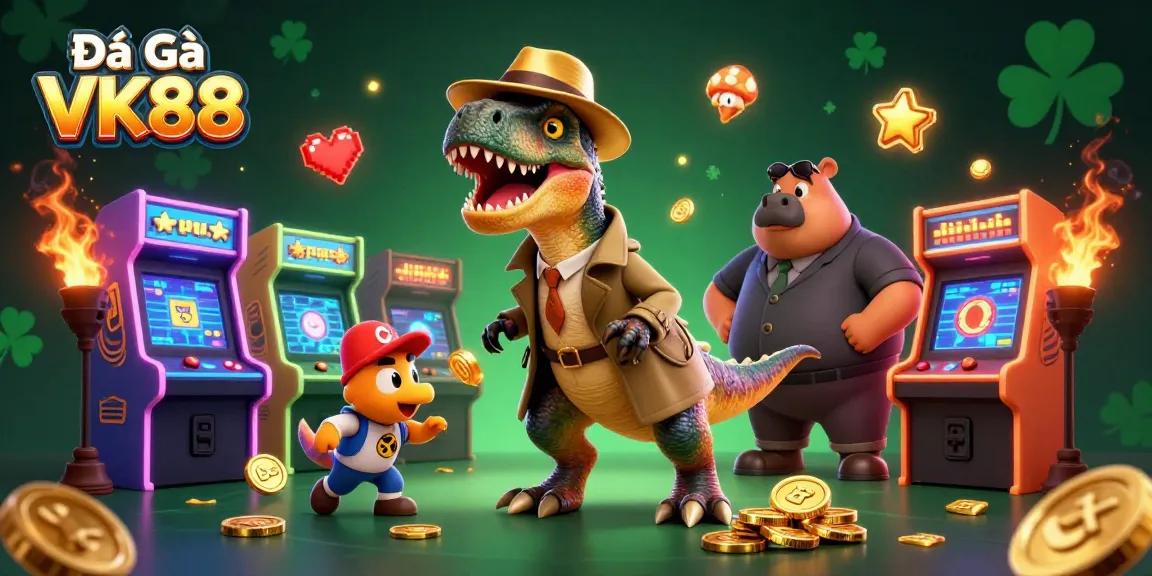 Experience Đá Gà VK88 excitement with the velociraptor card counter and stegosaurus pit boss in a vibrant arena.