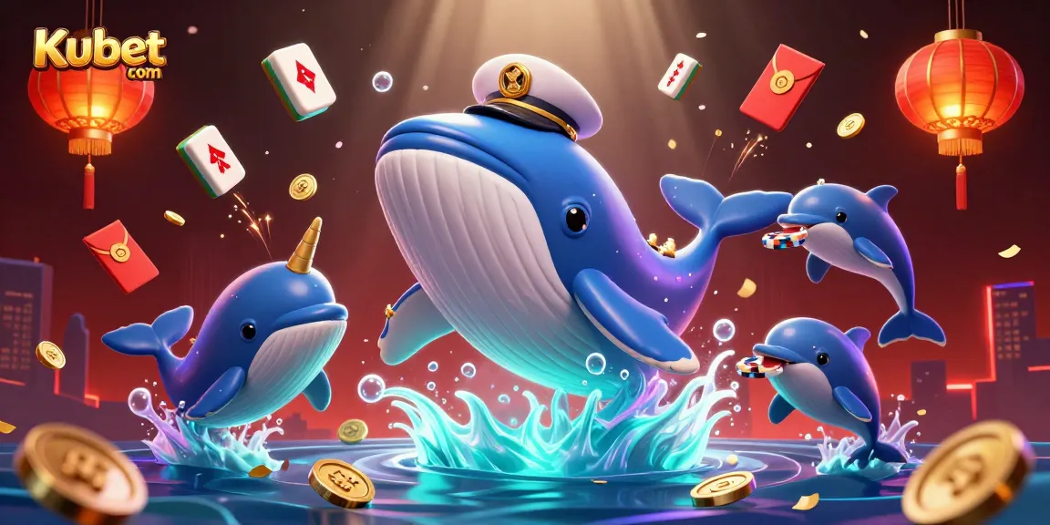 Engage with thrilling action at Kubet com, featuring a cartoon whale, poker chips, and mahjong tiles.